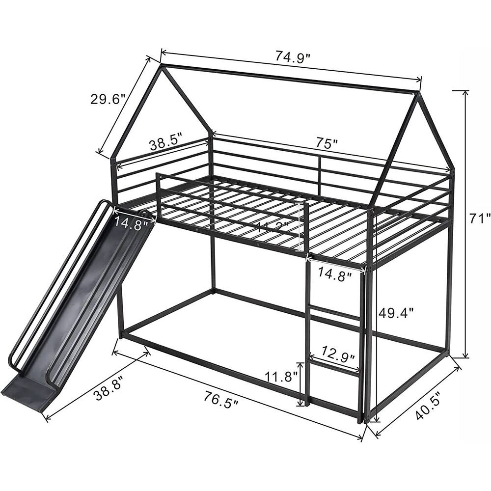 Heavy Duty Metal Low Bunk Bed with Roof House and Slide Platform Black