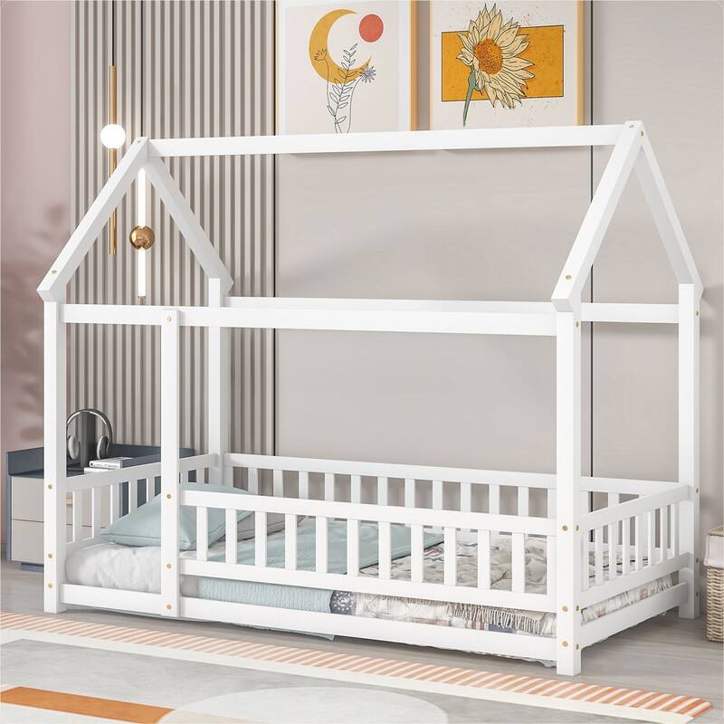 Floor Wooden Bed with House Roof Frame, Fence Guardrails