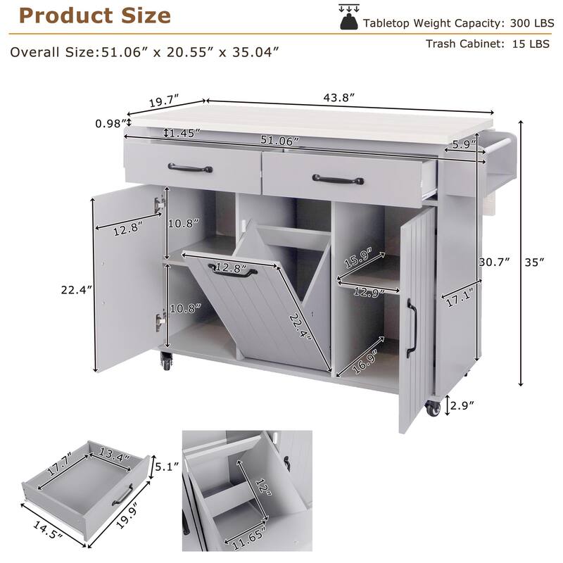 Kitchen Island Kitchen Cart with Trash Bin Storage Cabinet Folding Board Spice Rack Towel Rack and Drawer Wheels, for Kitchen