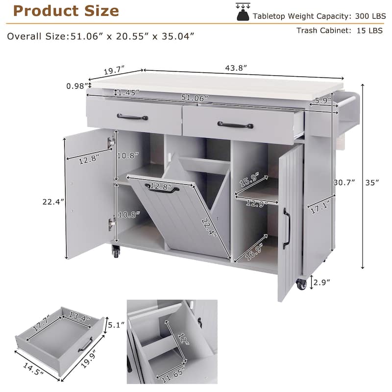 Kitchen Island with Trash Can Storage Cabinet, Rolling Kitchen Island on Wheels with Adjustable Shelf, Drop Leaf & Drawer