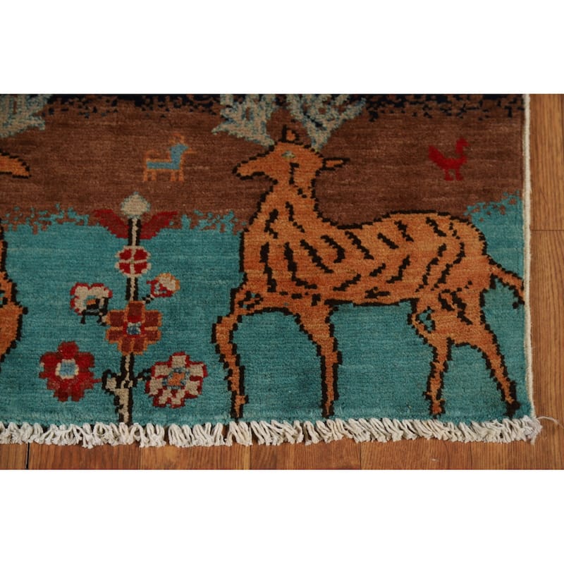 Animals Pictorial Kazak Oriental Foyer Rug Hand-Knotted Wool Carpet - 2'0" x 3'0"