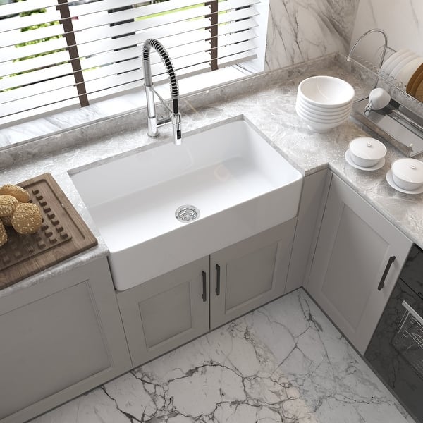slide 2 of 13, Fireclay Single Bowl Farmhouse Apron Kitchen Sink with Sink Grid and Drain 30"