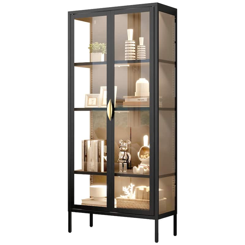 Moasis 70 inch Display Cabinet Bookshelves with Glass Doors and 3 Adjustable Shelves - Black