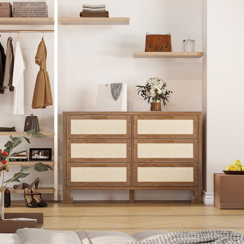 6 Drawers Dresser for Bedroom，Wooden Burlap Design Dressers