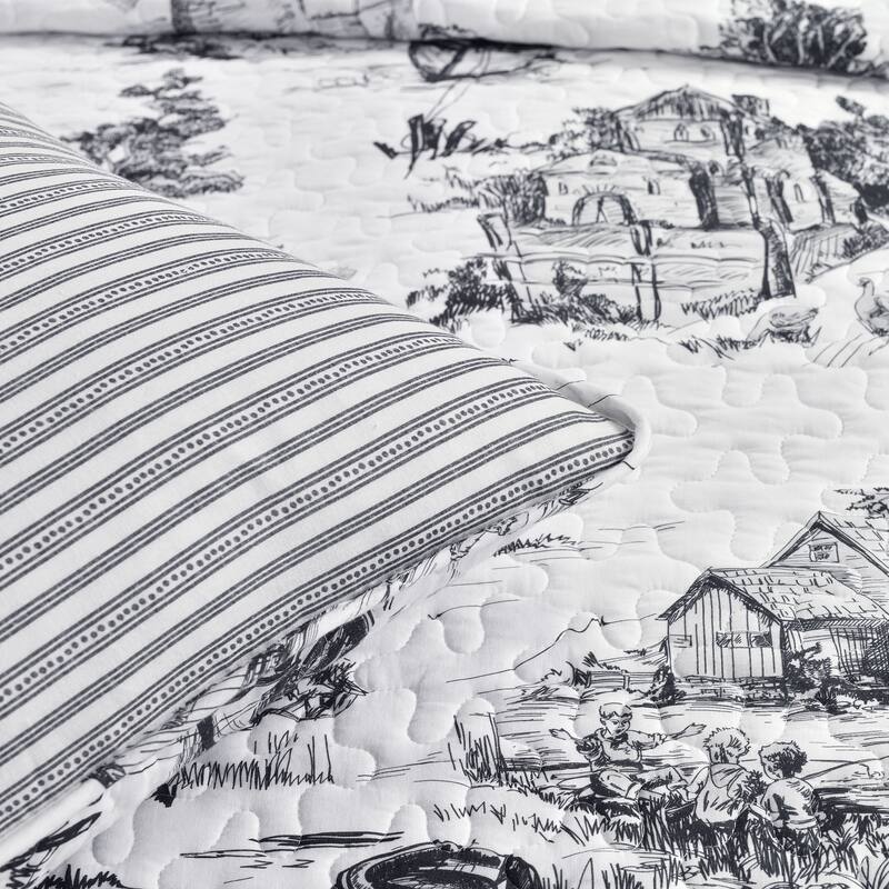 Lush Decor French Country Toile Cotton Reversible 3 Piece Quilt Set