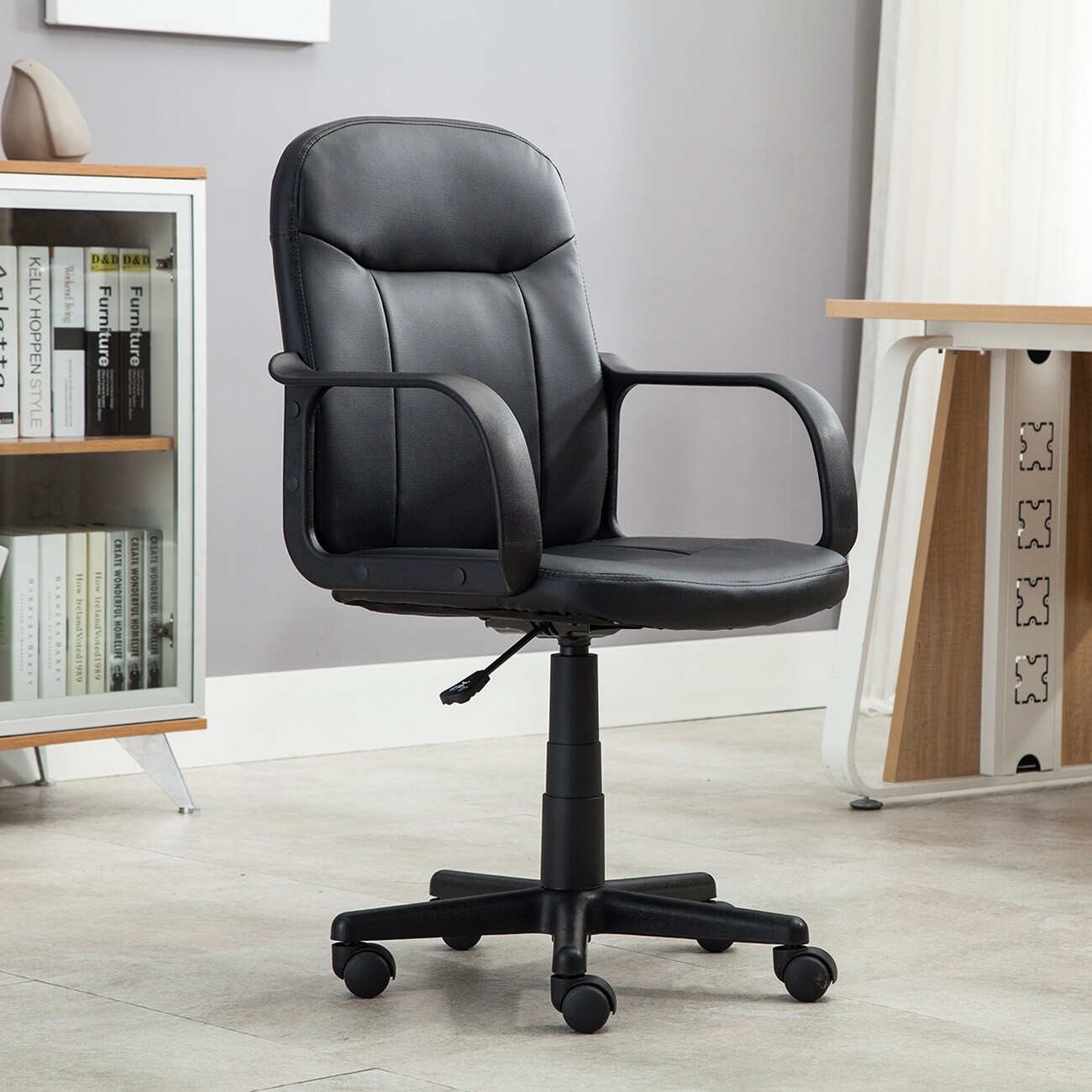 Belleze Mid Back Office Chair Pu Leather Ergonomic Desk Black