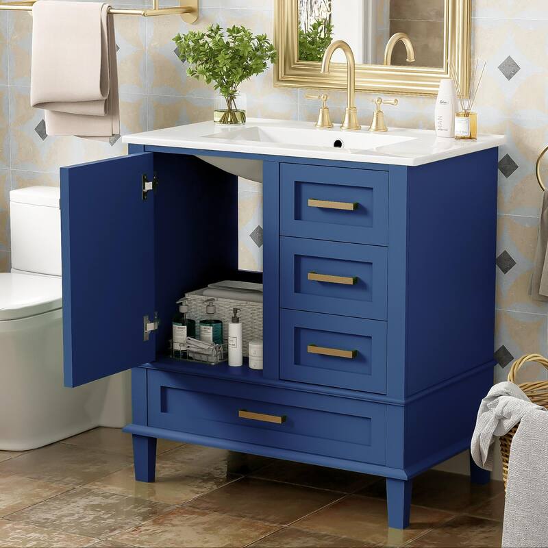 Single Sink Bathroom Vanity Cabinet, Vanity Base & Ceramic Sink Combo Set, 3 Drawers Bathroom Storage Cabinet, 30 Inch
