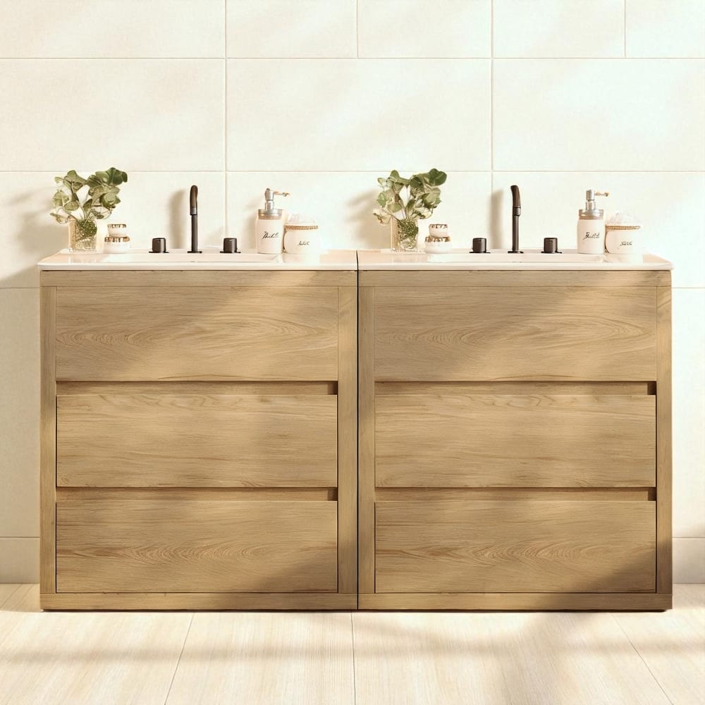 60" Double Sink Bathroom Vanity Set with Two 30" Cabinets, Ceramic Sinks, Soft Close Drawers