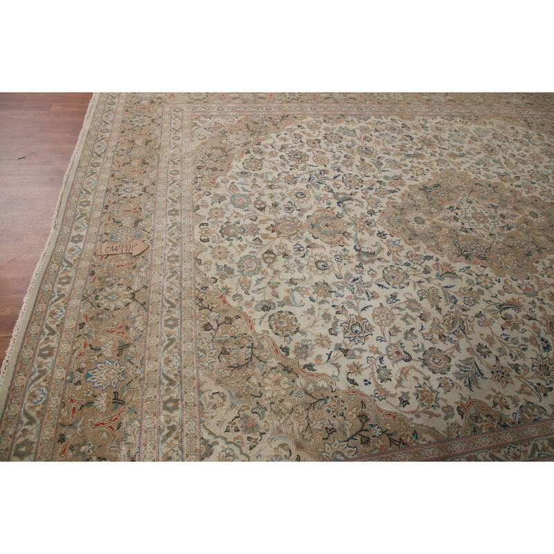 Hand Knotted Oriental 100% Wool Carpet Traditional Floral Beige & Ivories Kashan Area Rug - 12' 8'' X 9' 10''