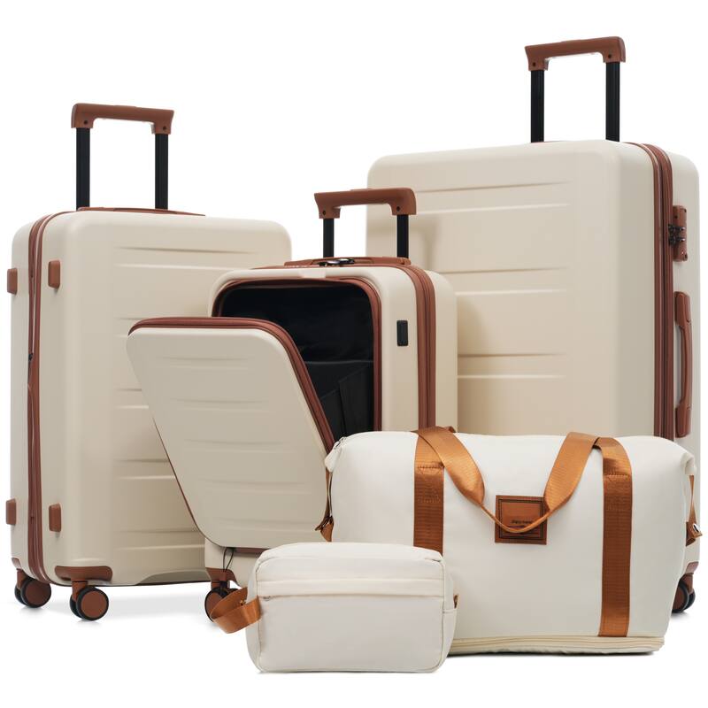 Luggage Sets 5 Piece with Front Opening, Hardside Expandable Carry On Suitcase Set with Double Spinner Wheel with USB Port