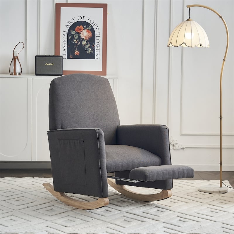 Cotton Linen Fabric Rocking Chair With Adjustable Footrest