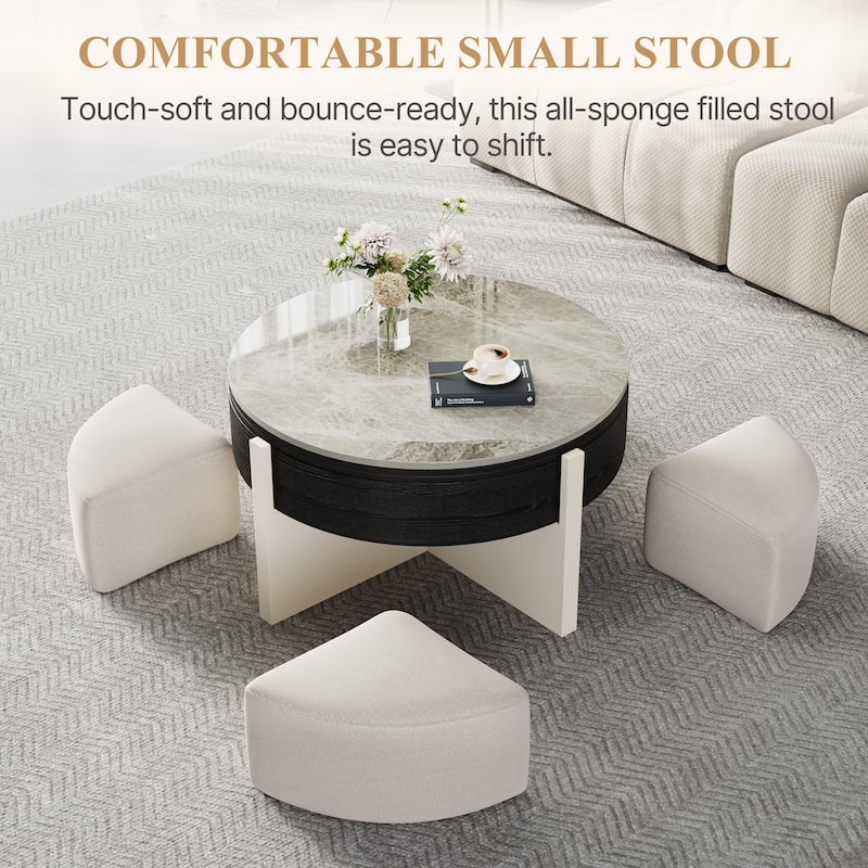31.5" Modern Coffee Table, Lift Top Coffee Table with 3 Ottomans, Black - 31.5" X 31.5"