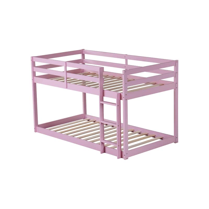 Roomfitters Solid Rubber Wood Twin over Twin Floor Bunk Bed with Ladder, Reinforced Slat Platforms, Low Height Frame, Pink