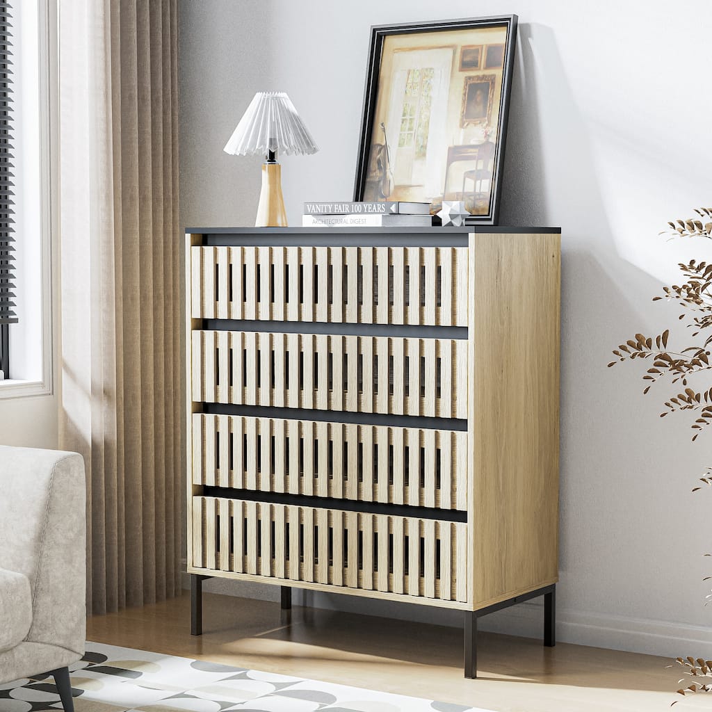 4-Drawer Vertical Chest Storage Cabinet with Slatted Drawer Fronts, Bedroom Clothing Storage