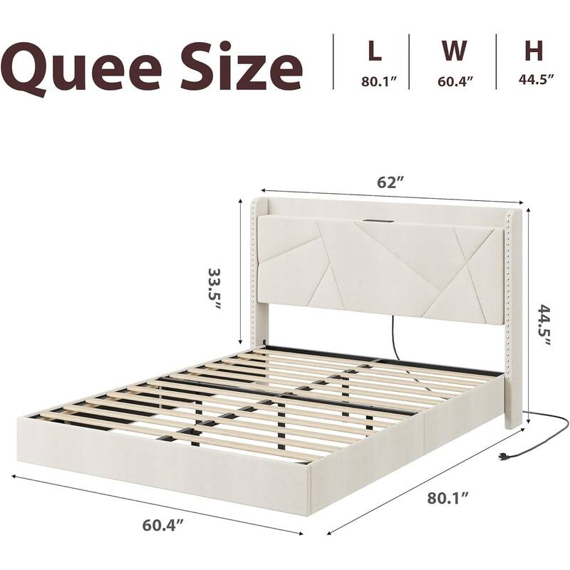 Full/Queen Floating Bed Frame with LED Lights & Charging Station, Upholstered Platform Beds with Storage Headboard
