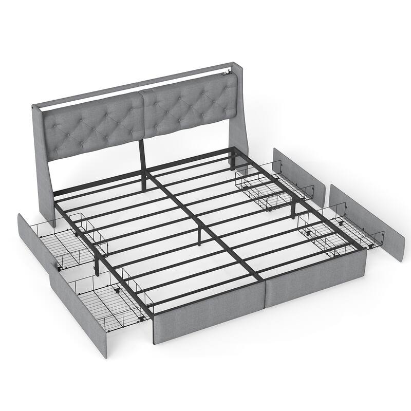 Metal Platform Bed Frame with Underbed Storage Drawers, LED Storage Headboard with Charging Station