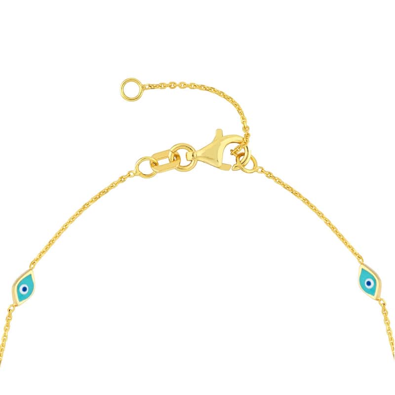 Curata 14k Yellow Gold 7.25" Blue Enamel Evil Eye Adjustable Bracelet