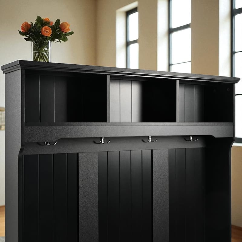 47.2" Hall Tree with Cushion Bench, 4 Hooks & Shutter-Style Doors, Entryway Coat Rack and Shoe Storage