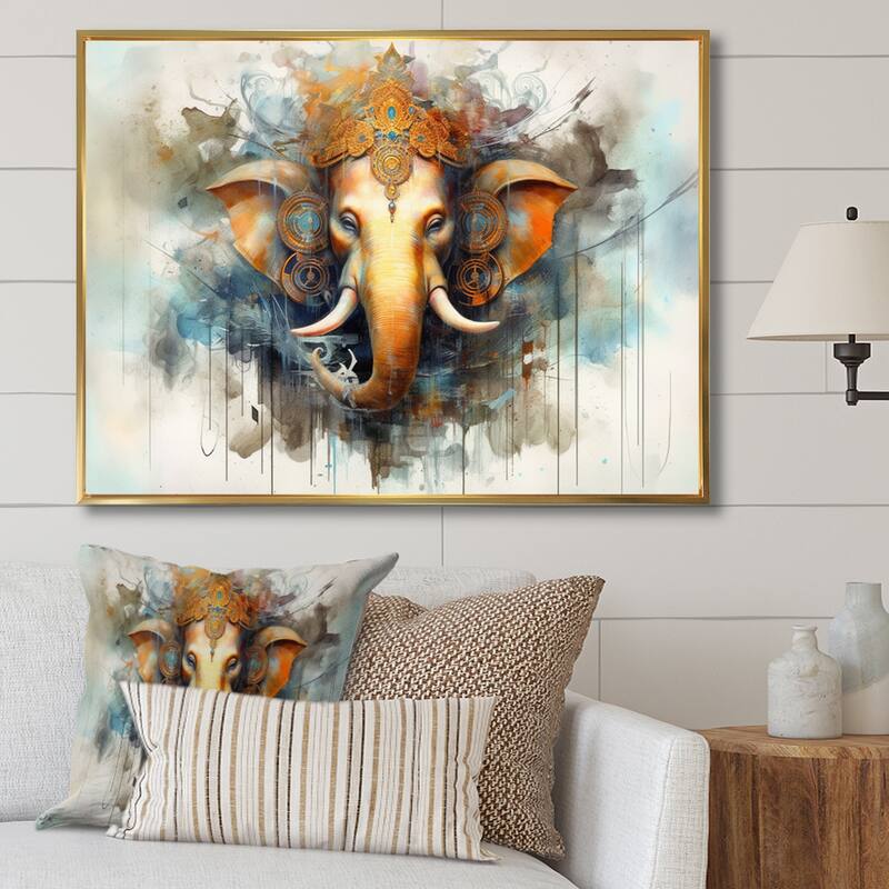 Designart "Vibrant Hinduisim Elephant I" Hinduisim Framed Canvas Print - Gold - 32 in. wide x 16 in. high