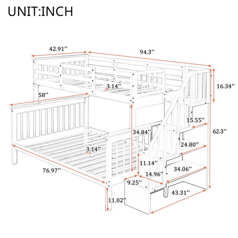 Twin-Over-Full Bunk Bed with Storage, Guard Rail, and Stairs, Espresso Finish