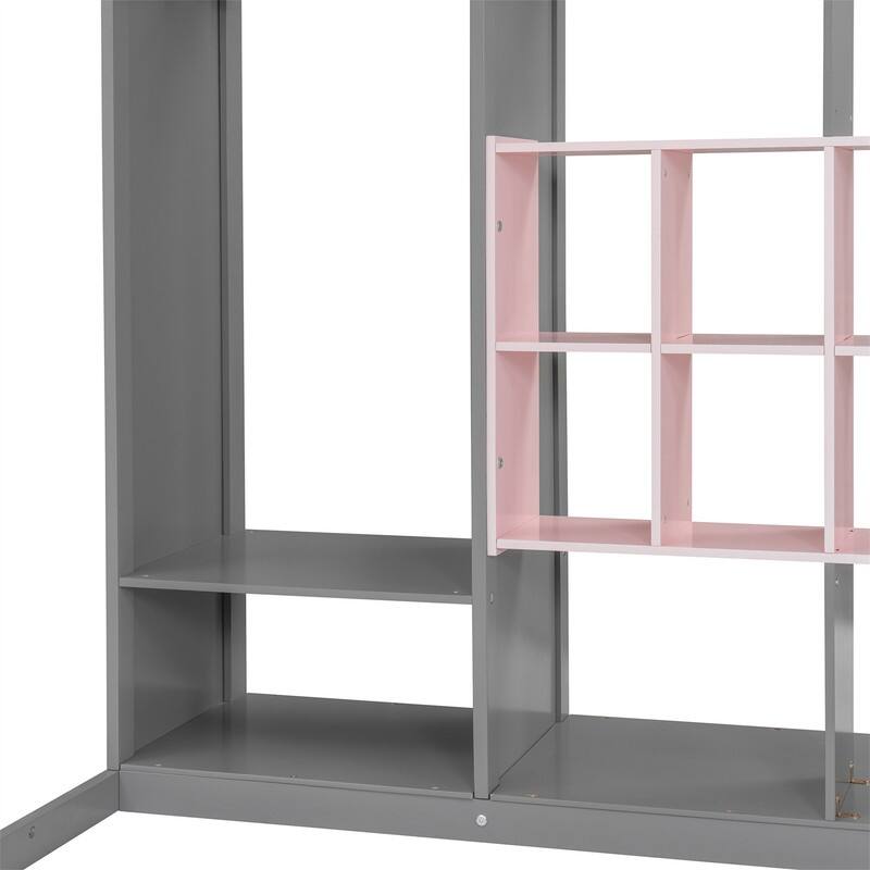 Twin/Full Size Loft Bed with Wardrobe and Cabinet, Wooden Loft Bedframe with Storage Shelves, Ladder and Guardrail for Kids