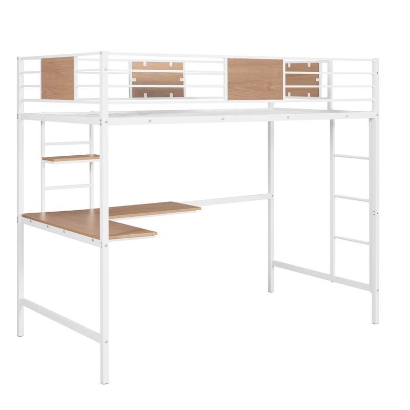 Metal Loft Bed Twin Size with Desk and Shelf, Metal Twin Bedframe
