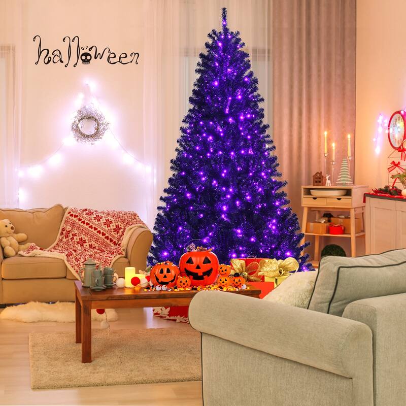 Gymax 7 FT Pre-lit Black Halloween Tree Artificial Hinged Christmas - See Details