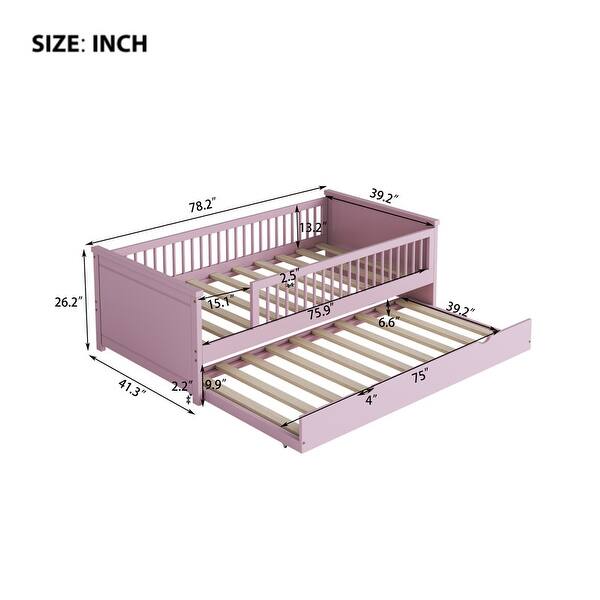 dimension image slide 0 of 2, Low Profile Twin Size Kids Platform Bed with Guardrail, Multifunctional Wood Bed Frame with Trundle Bed