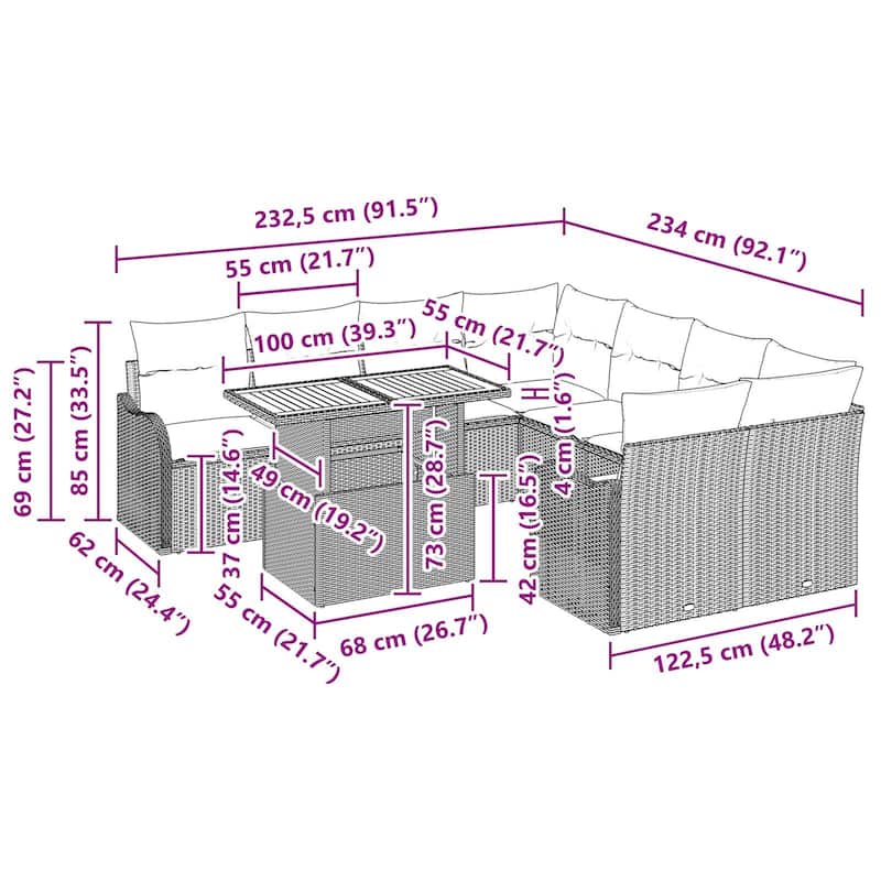vidaXL 9 Piece Garden Sofa Set with Cushions - 91.5×92.1×27.2