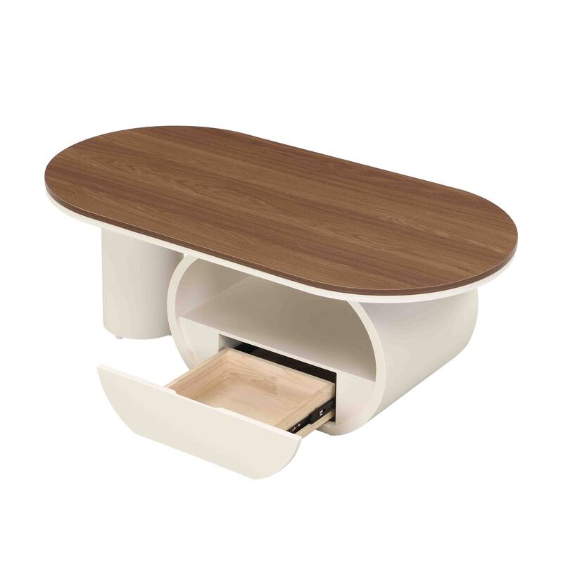 Oval Wooden Coffee Table, Multi-Functional Accent Side Table, 2 Tier Center Table with Open Storage Shelf & Drawer