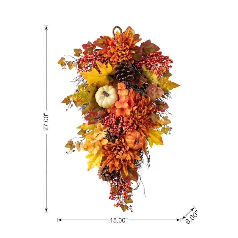 Glitzhome 26"H Fall Sunflower Pumpkin Lotus Leaf Teardrop Swag Wreath Thanksgiving