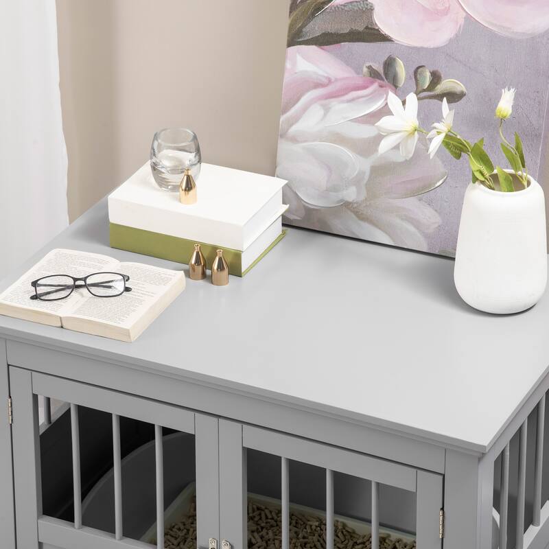 PawHut Dog Crate End Table with Triple Doors, Wooden Dog Crate Furniture Indoor Use, Puppy Crate with and Steel Tubes