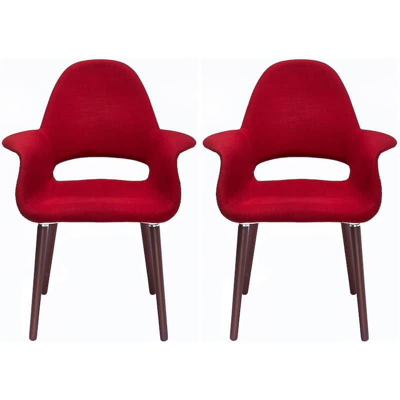 Set of 2 Organic Upholstered Fabric Modern Armchairs with Dark Walnut Brown Wooden Legs for Dining Room Office or Accent Chair - Red