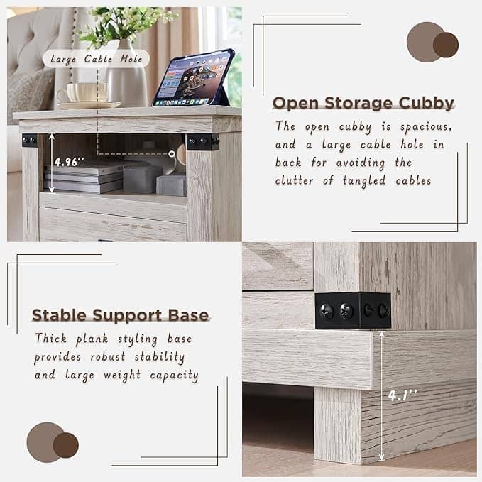 18" Farmhouse Nightstand with Charging Station, Night Stand, End Table