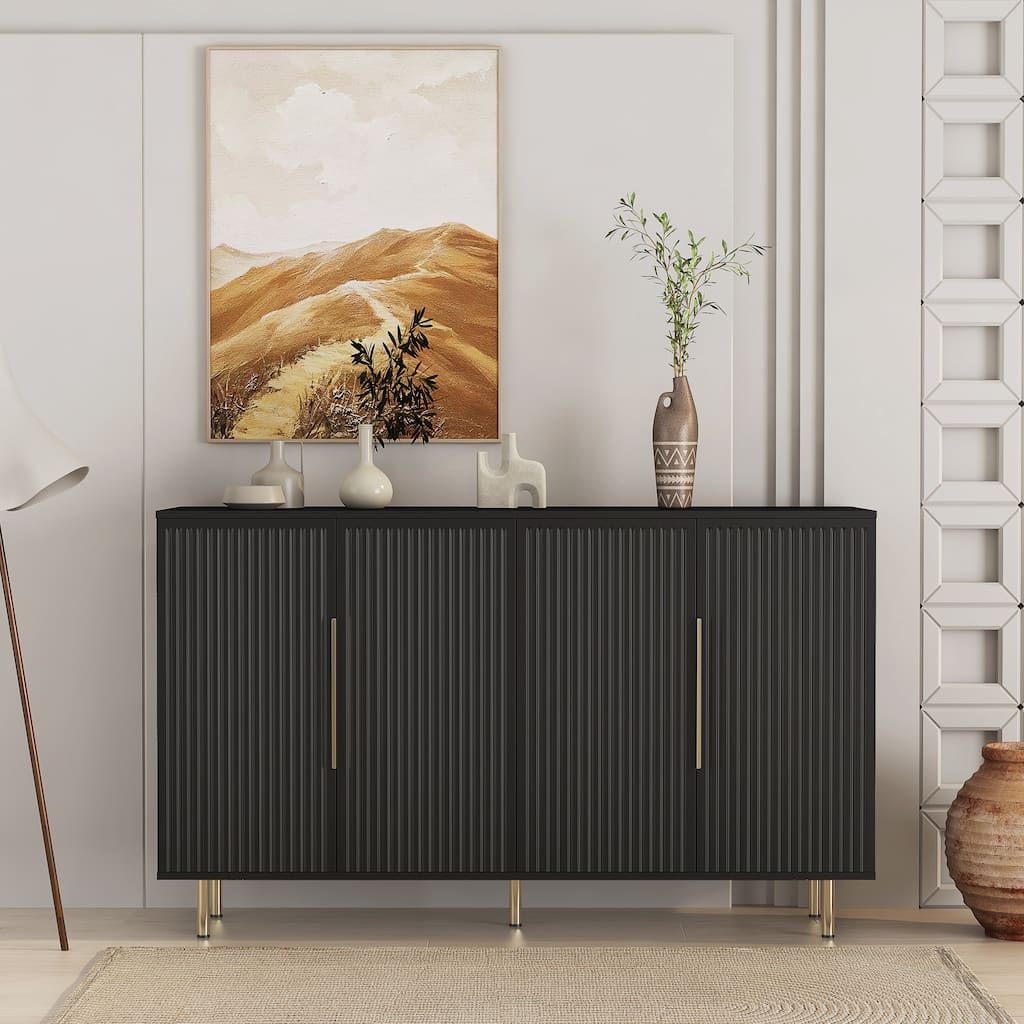 Anmytek Black Fluted Modern Buffet Cabinet Large Storage Sideboard with Adjustable Shelves Accent Console Table