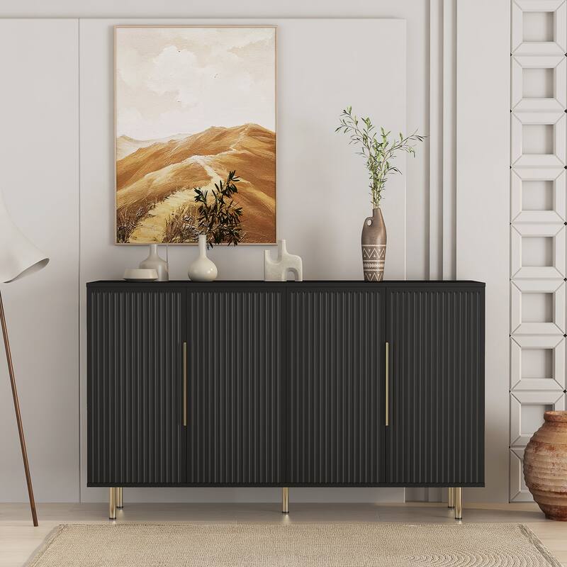 Anmytek Black Fluted Modern Buffet Cabinet Large Storage Sideboard with Adjustable Shelves Accent Console Table - Black