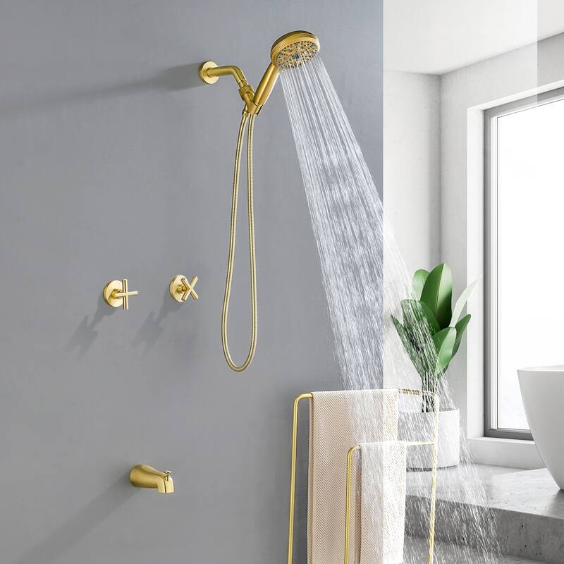 Wall Mount Shower Faucet with Tub Spout Brass 10-Setting Spray Complete Shower System with Rough-in Valve