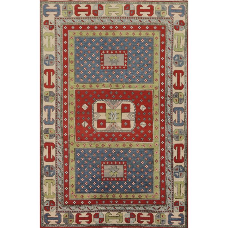 Geometric Kazak Area Rug Hand-Knotted Multi-Color Wool Carpet - 5'11" x 9'2"