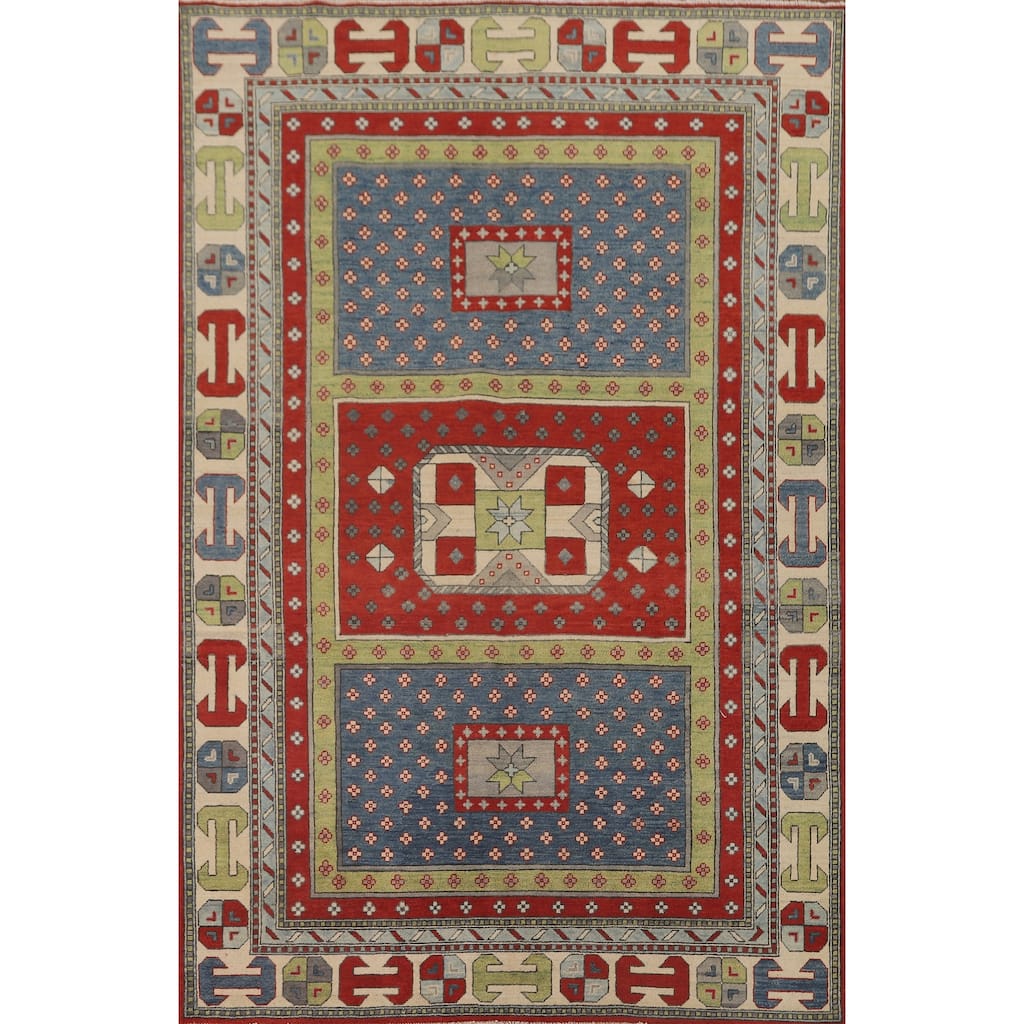 Geometric Kazak Area Rug Hand-Knotted Multi-Color Wool Carpet - 5'11" x 9'2"