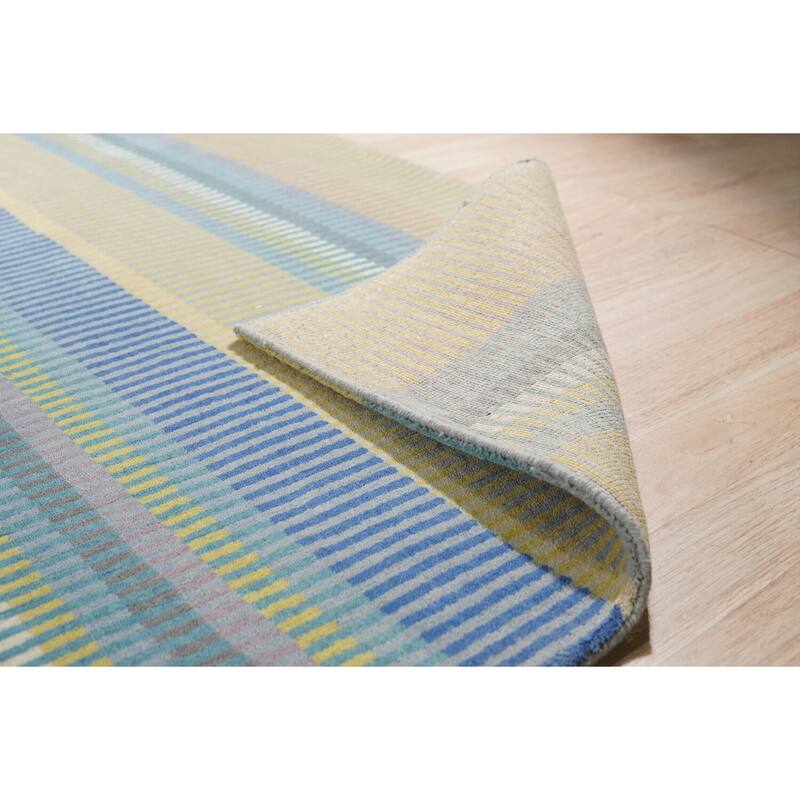 Green Hand-Knotted Wool Knotted Striped Rug, 10' x 14', plush elegant floor accent - L