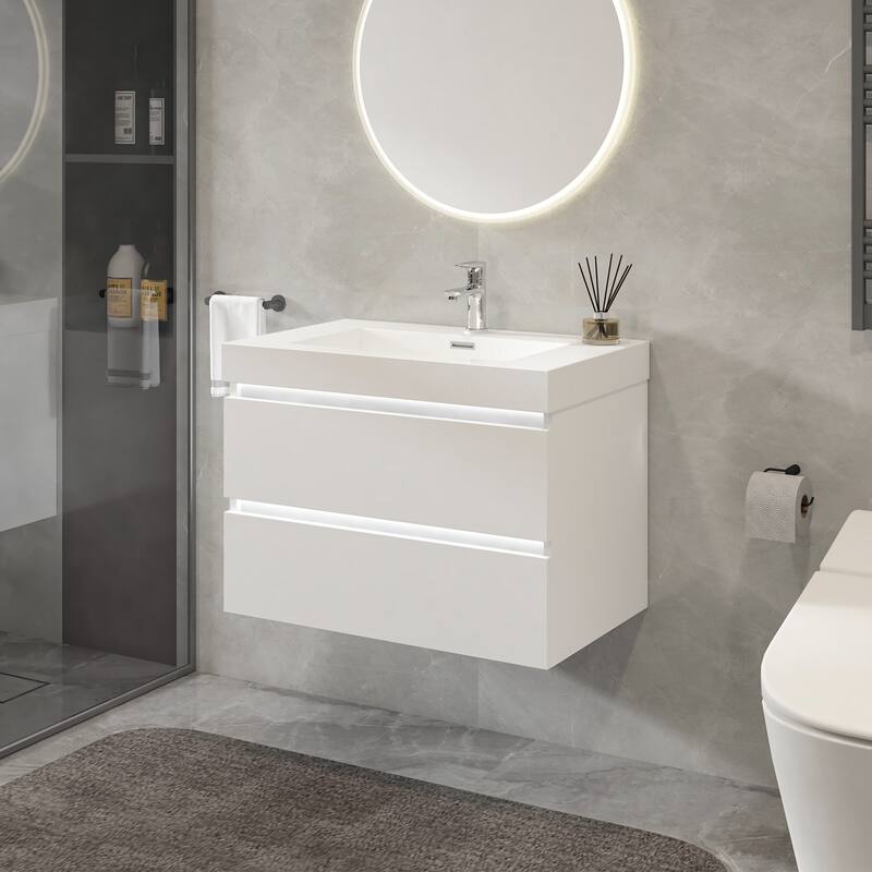 Vanity Art LED Light 24-Inch Single Sink Wall Hung Bathroom Vanity Set White Stone Top Glossy Finish with Sensor Switch