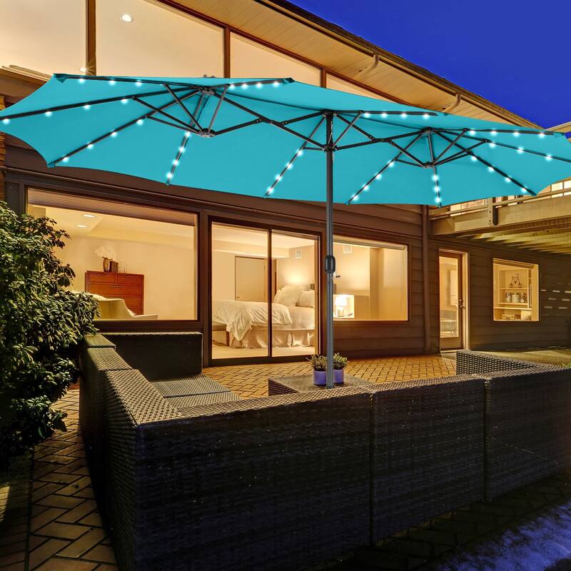 15ft Twin Outdoor Patio Umbrella with 48 Solar LED Lights and Crank