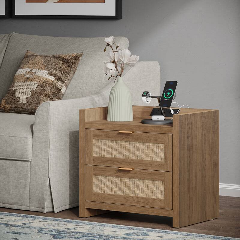 Farmhouse Nightstand with Charging Station and Drawers
