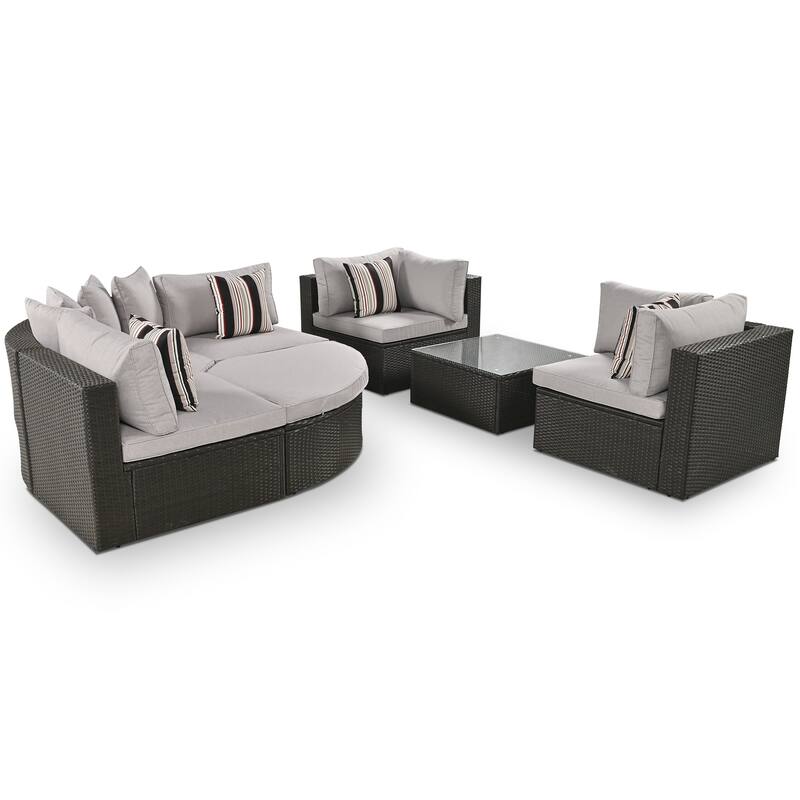 7-Piece Outdoor Patio Sectional Sofa Set with Coffee Table and Striped Pillows, Free Combination