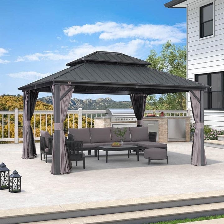 PURPLE LEAF Outdoor Galvanized Steel Hardtop Gazebo, Aluminum Frame Gazebo With Curtains - 12' x 14' - Gazebos