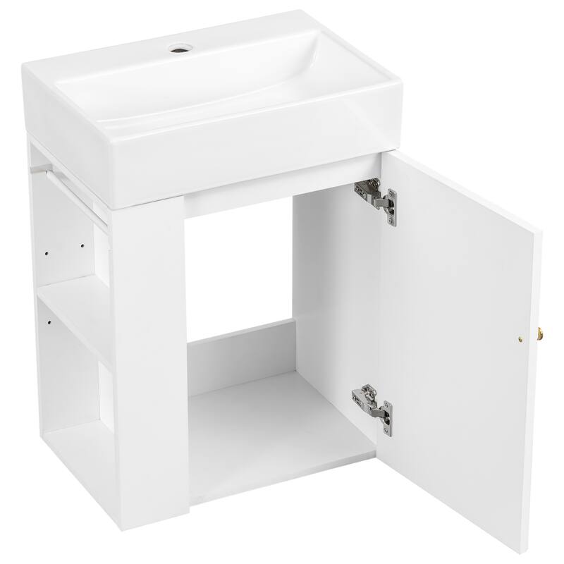 Wall-mounted Small Bathroom Vanity with Ceramic Sink, Floating Ceramic Sink Cabinet with Side Storage Shelves, 20 Inch