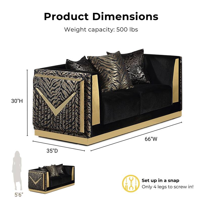 Furniture of America Ospray Glam 2-Piece Black Velvet Upholstered Zebra Print Sofa Set