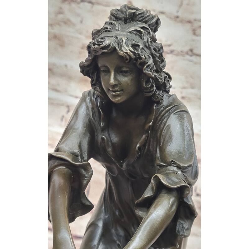 Female Figure Young Woman Holding Shawl - Bronze Metal Sculpture On Marble Base