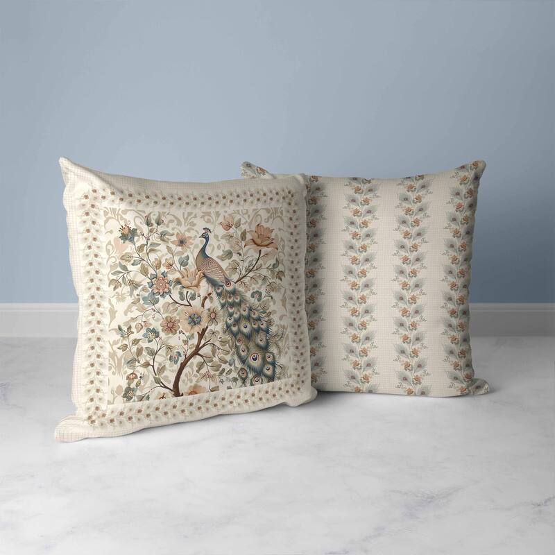 Peacock Kalamkari Faux Suede Reversible Throw Pillow Beige and Green