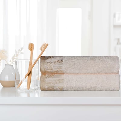 Superior Wisteria Cotton Floral Jacquard Border Bath Towels, Set of 2